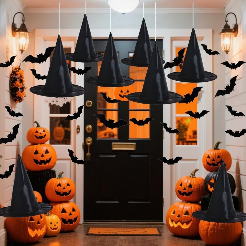 Halloween Decorations Outdoor Indoor - 8PCS Witch Hats & 32PCS 3D Bats Decoratio